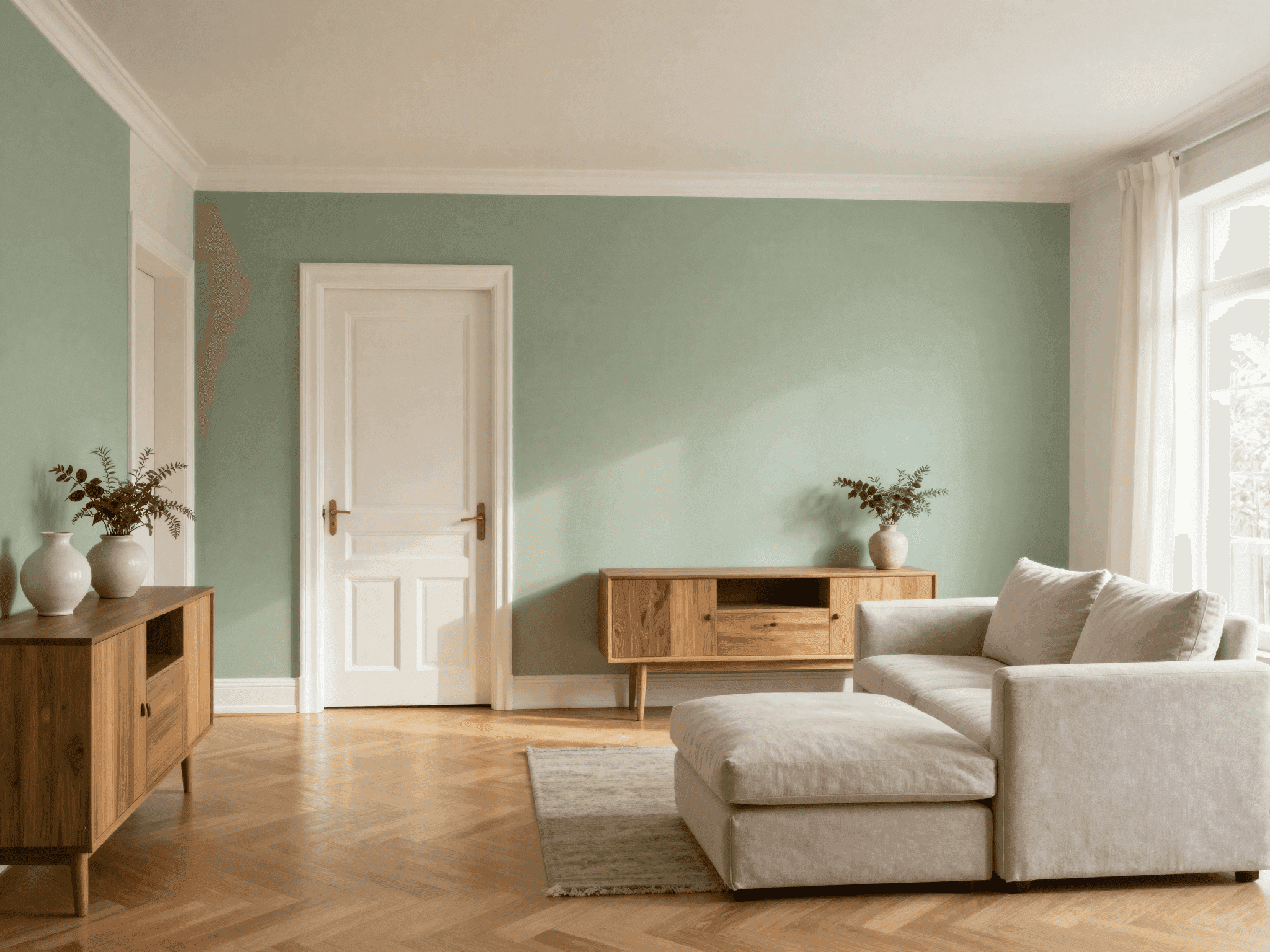 Frisch renovierter Wohnraum mit salbeigrüner Wand